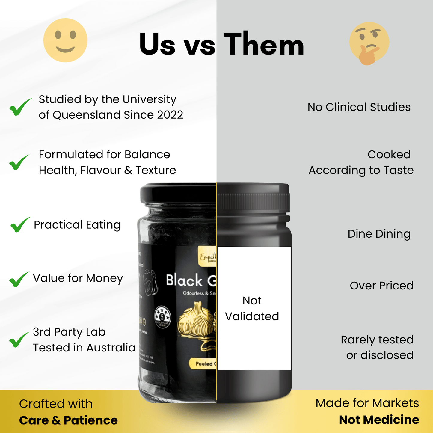 Comparison chart titled 'Us vs Them' featuring a jar labeled 'Black Garlic' with positive and negative attributes listed.