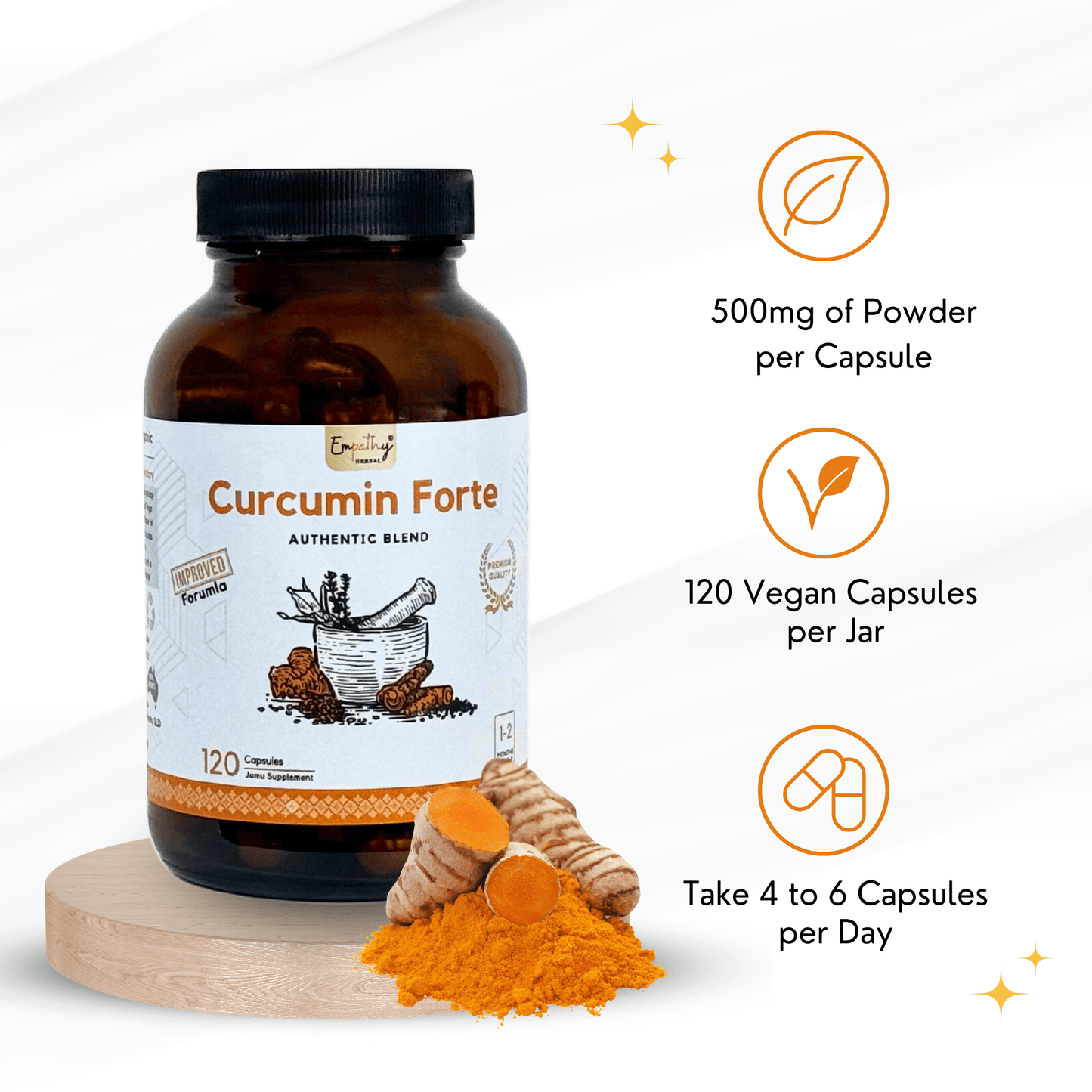 Curcumin Forte supplement bottle with turmeric powder on a white background
