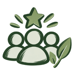 Green and white vector icon depicting a group of people with a star and leaf, representing a team or community.