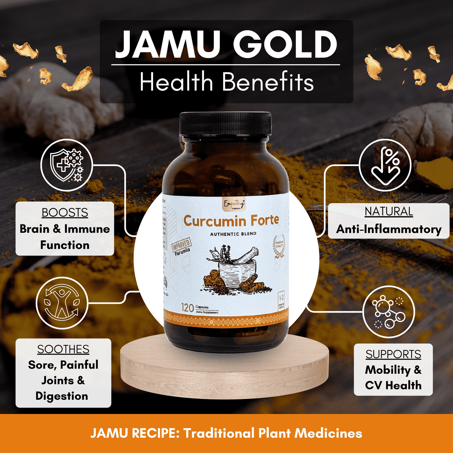 Jamu Gold Curcumin Forte supplement bottle with health benefits on a dark background