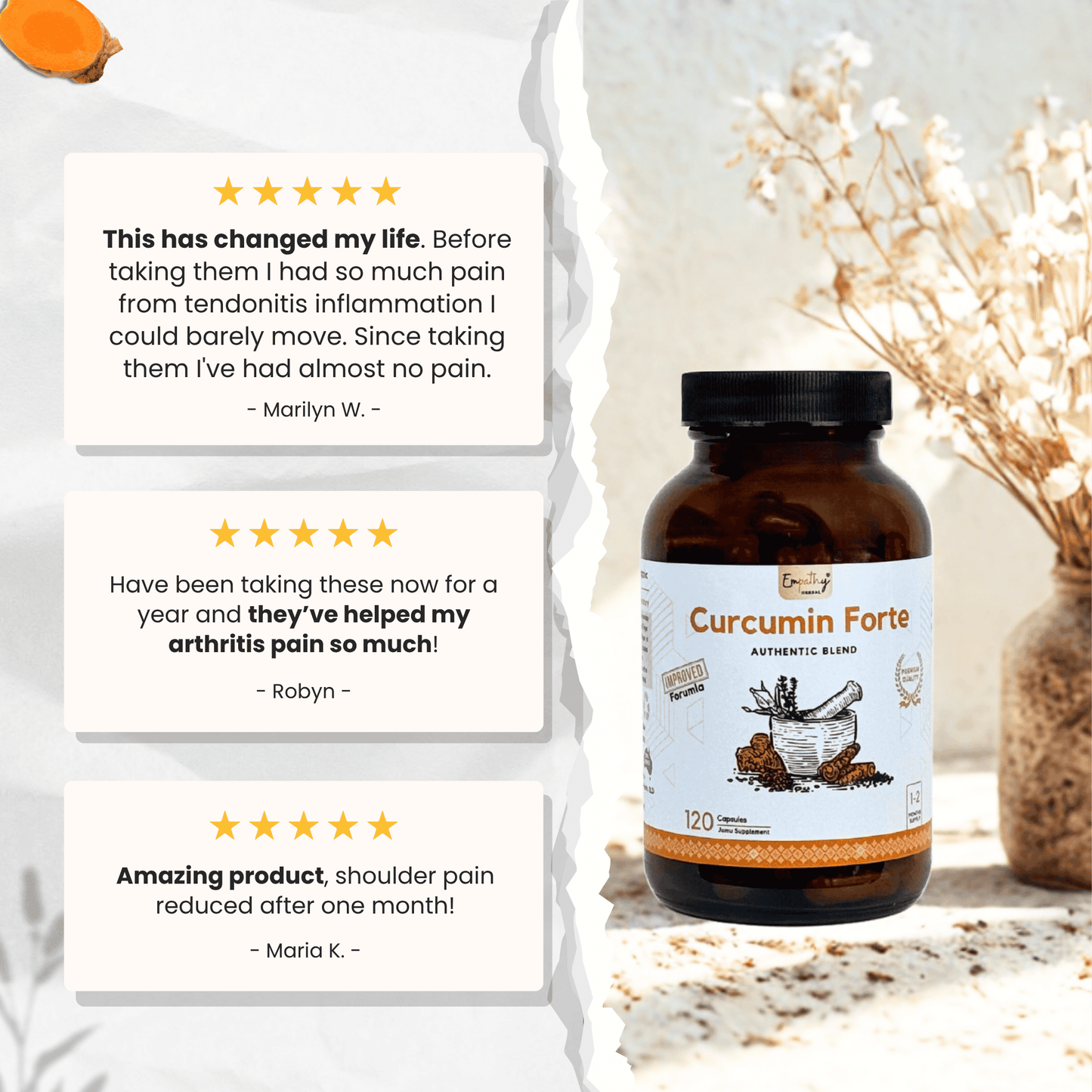Curcumin Forte supplement bottle with customer testimonials on a light background