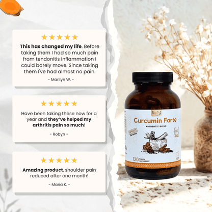 Curcumin Forte supplement bottle with customer testimonials on a light background