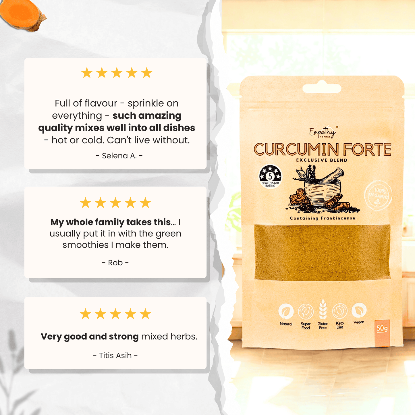 Packaging of Curcumin Forte with customer reviews displayed on a white background