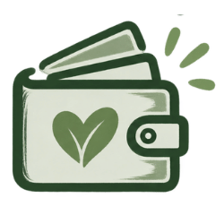 A stylized green and off-white wallet icon with a heart-and-leaf emblem on the front, shown on a plain white background.
