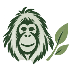 A stylized green and off-white illustration of an orangutan face with two green leaves on the right, shown on a plain white background.