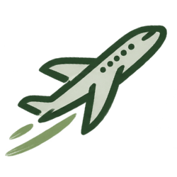 A stylized green airplane icon with a light gray body and dark green outline, shown on a plain white background.