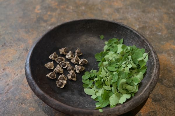 A dark rustic bowl containing dried brown seeds on the left and a pile of fresh green mung bean leaves on the right, set on a textured brown surface.