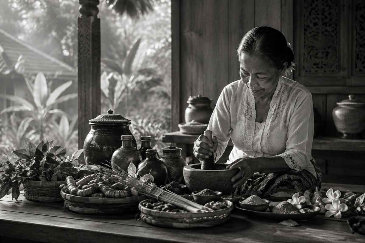 Black and white photograph of a woman in traditional clothing grinding something in a wooden mortar and pestle, set on a rustic wooden table surrounded by pottery, plants, and food items.