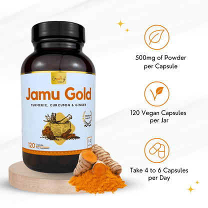Jamu Gold supplement bottle with turmeric powder on a white background