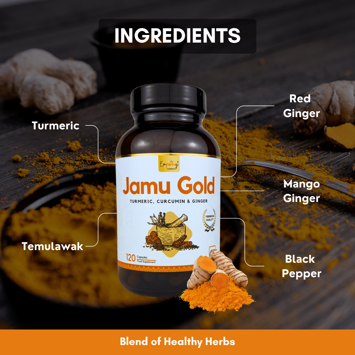 Jamu Gold supplement bottle with ingredients labeled on a dark background