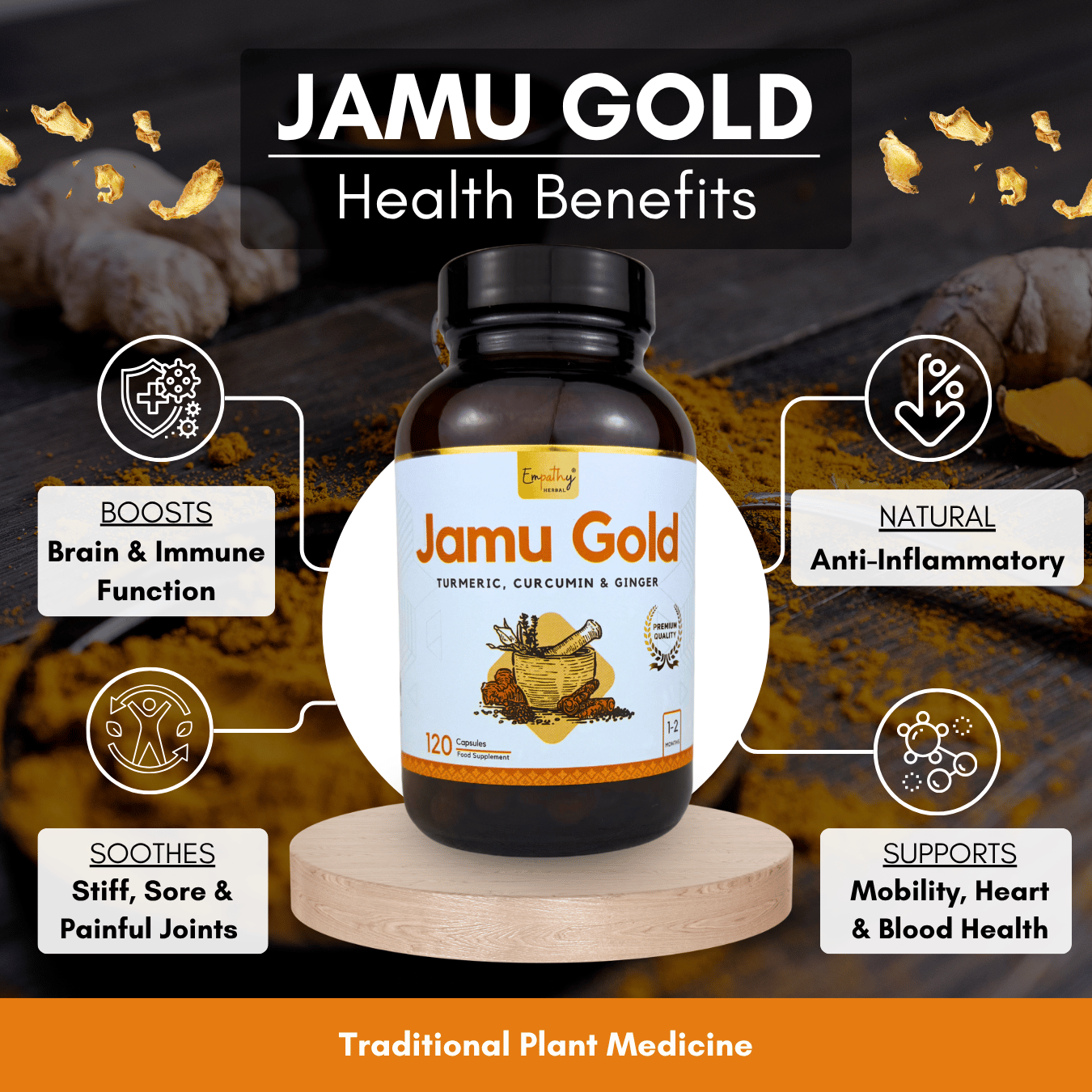 Jamu Gold supplement bottle with health benefits on a dark background