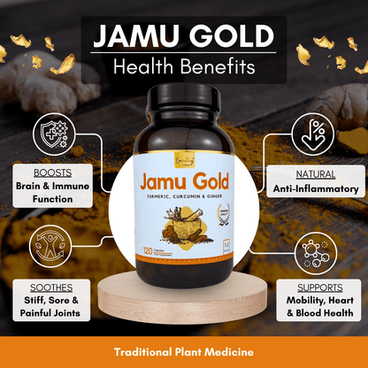 Jamu Gold supplement bottle with health benefits on a dark background