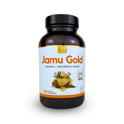 Bottle of Jamu Gold supplement with a white background