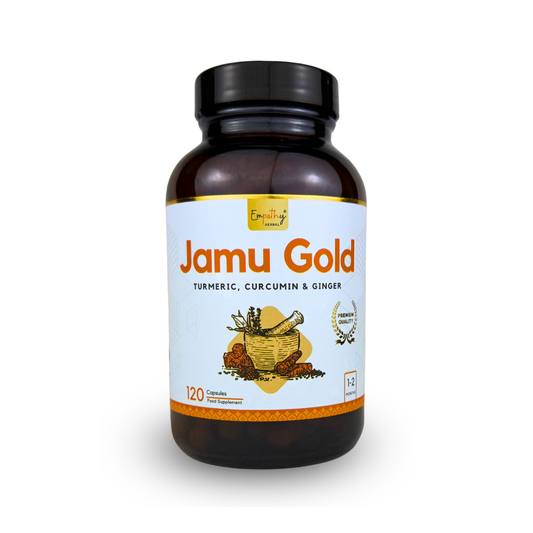 Bottle of Jamu Gold supplement with a white background