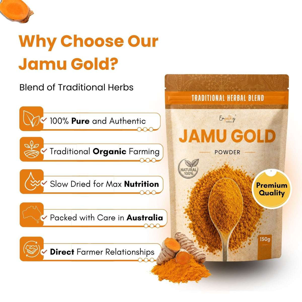 A stand-up pouch of Jamu Gold herbal powder shown on a white promotional background with marketing text and ingredient imagery. The pouch is tan and orange-brown with large 'JAMU GOLD POWDER' text and a spoonful of orange powder printed on the front.