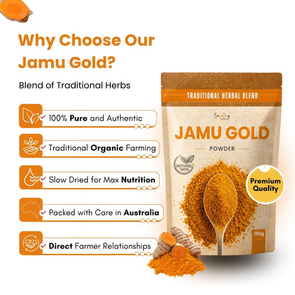 A stand-up pouch of Jamu Gold herbal powder shown on a white promotional background with marketing text and ingredient imagery. The pouch is tan and orange-brown with large 'JAMU GOLD POWDER' text and a spoonful of orange powder printed on the front.