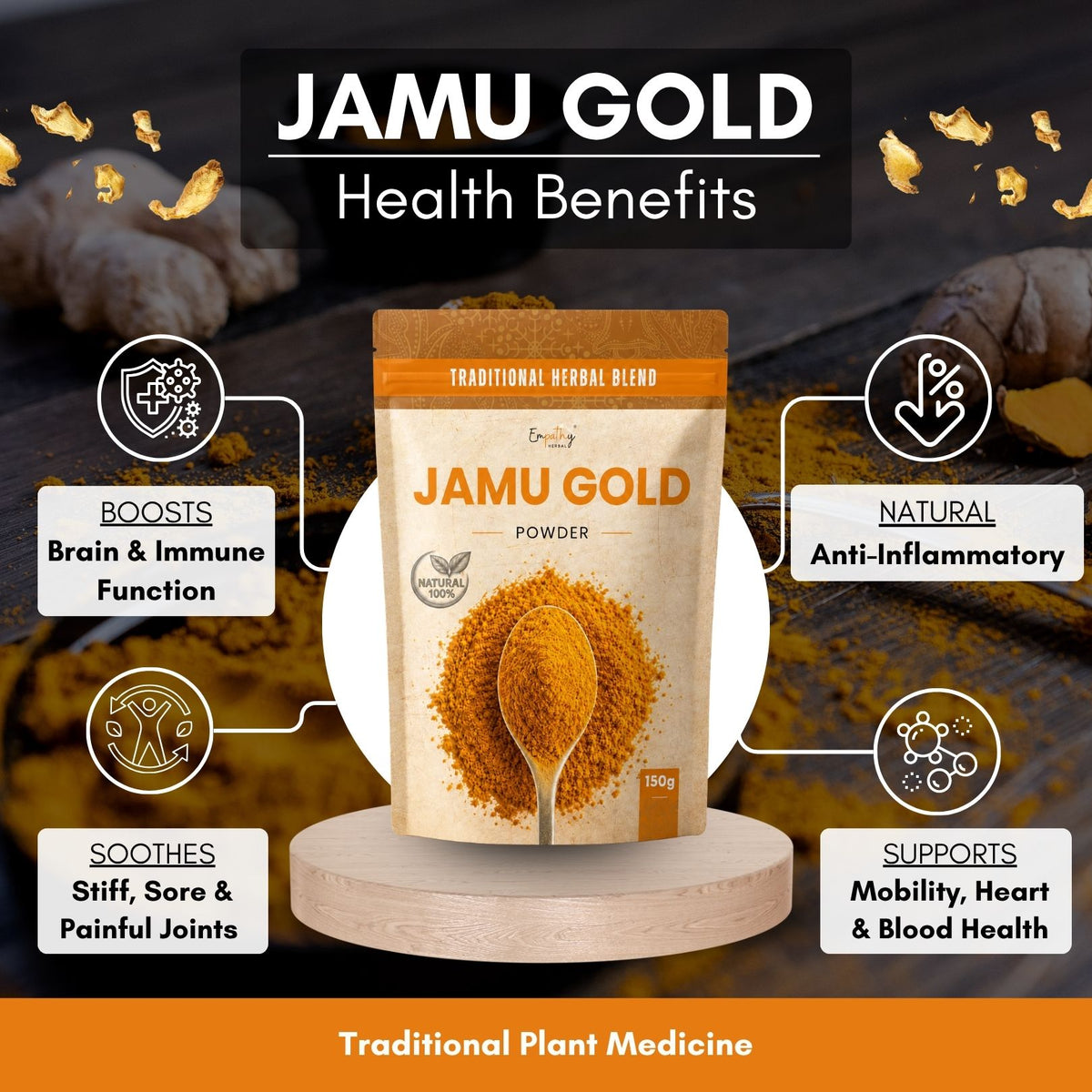 A stand-up pouch of JAMU GOLD herbal powder centered on a wooden pedestal, surrounded by infographic callouts about health benefits. The package is tan and orange with a spoonful of yellow-orange powder printed on the front.