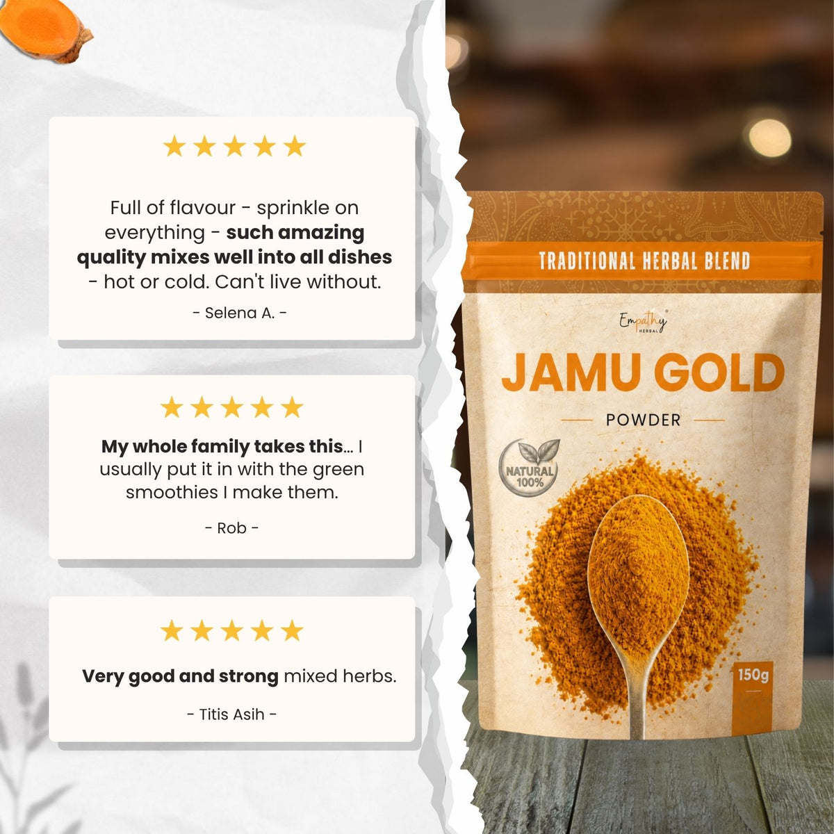 A stand-up pouch of Jamu Gold herbal powder shown beside three white review cards with star ratings and customer testimonials. The pouch is kraft-paper style with orange bands and a spoonful of orange-brown powder printed on the front.