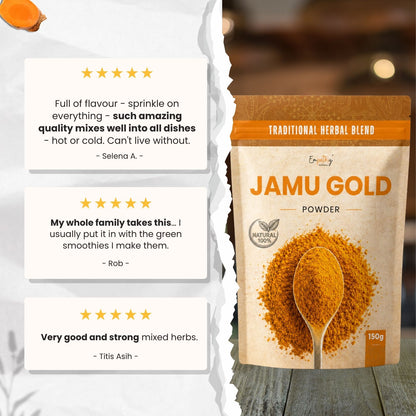 A stand-up pouch of Jamu Gold herbal powder shown beside three white review cards with star ratings and customer testimonials. The pouch is kraft-paper style with orange bands and a spoonful of orange-brown powder printed on the front.