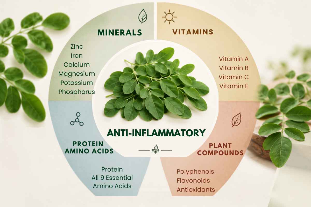 An infographic diagram about anti-inflammatory benefits of moringa leaves, featuring a central green moringa leaf cluster surrounded by colored segments labeled Minerals, Vitamins, Plant Compounds, Protein Amino Acids, and Anti-Inflammatory.