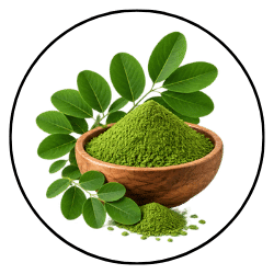 A circular graphic showing a wooden bowl filled with bright green powder, surrounded by green leaves on a white background with a thin black border.