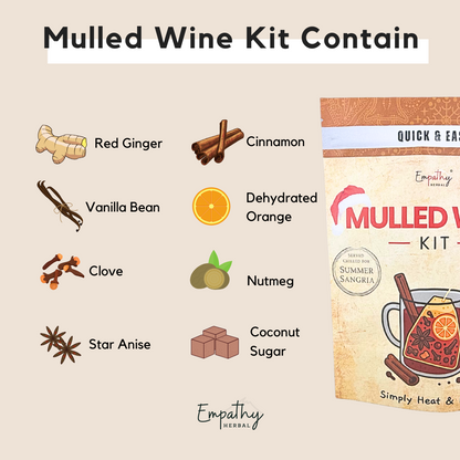 Ingredients for a mulled wine kit displayed with a package on a beige background.