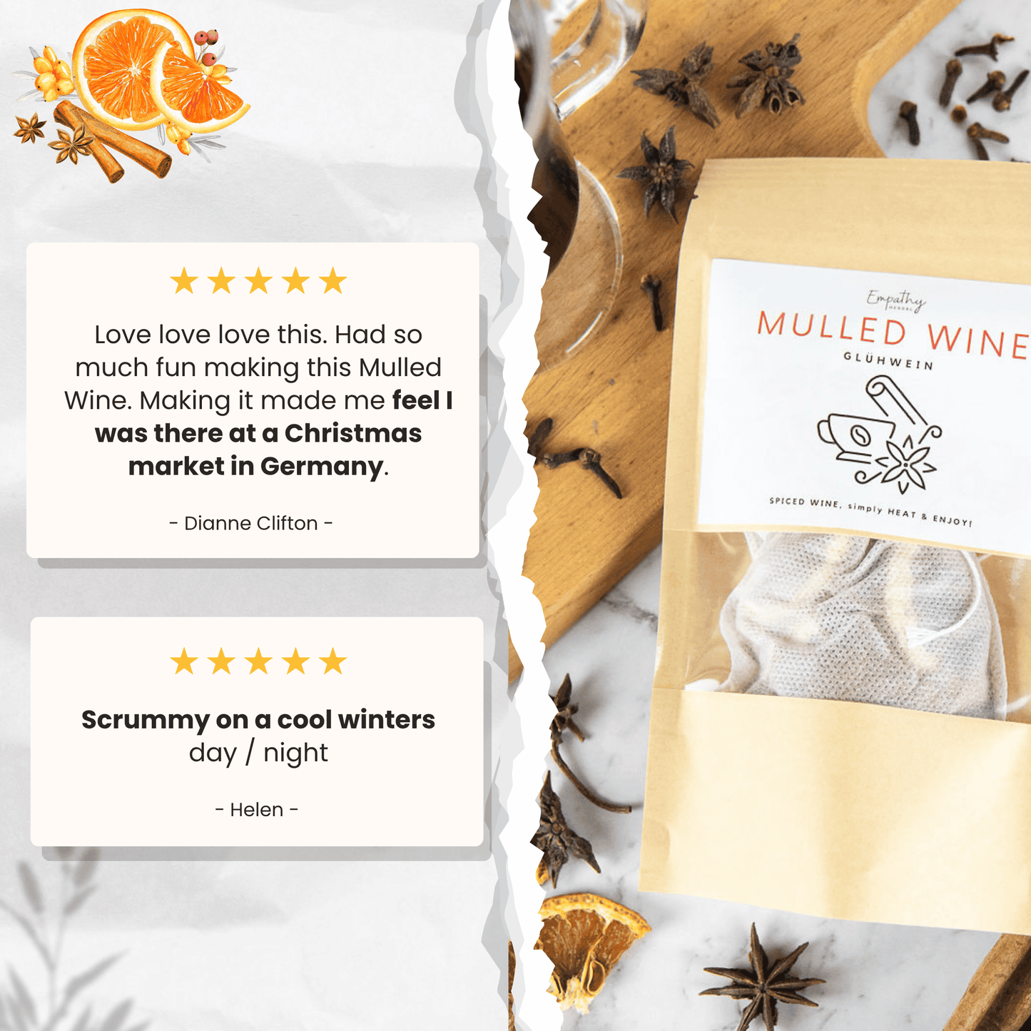 Mulled wine package with star anise and cinnamon, surrounded by text reviews and decorative elements.