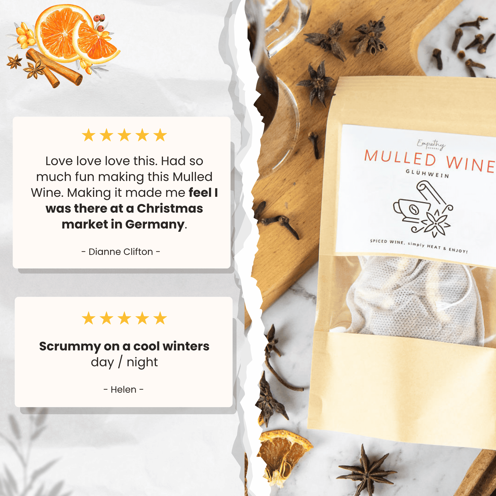 Mulled wine package with star anise and cinnamon, surrounded by text reviews and decorative elements.