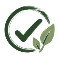 A circular green checkmark icon with two overlapping green leaves on a white background.