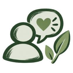 A stylized green and off-white icon showing two abstract person silhouettes with a speech bubble containing a heart and two leaves, on a black background.