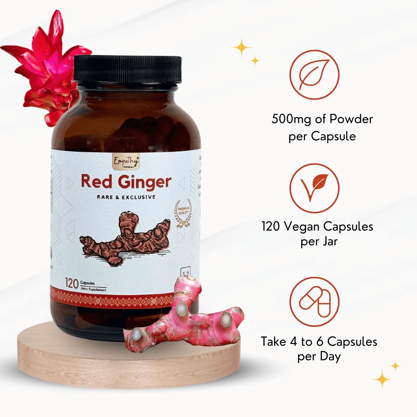Red Ginger capsules jar with product instructions details on a white background