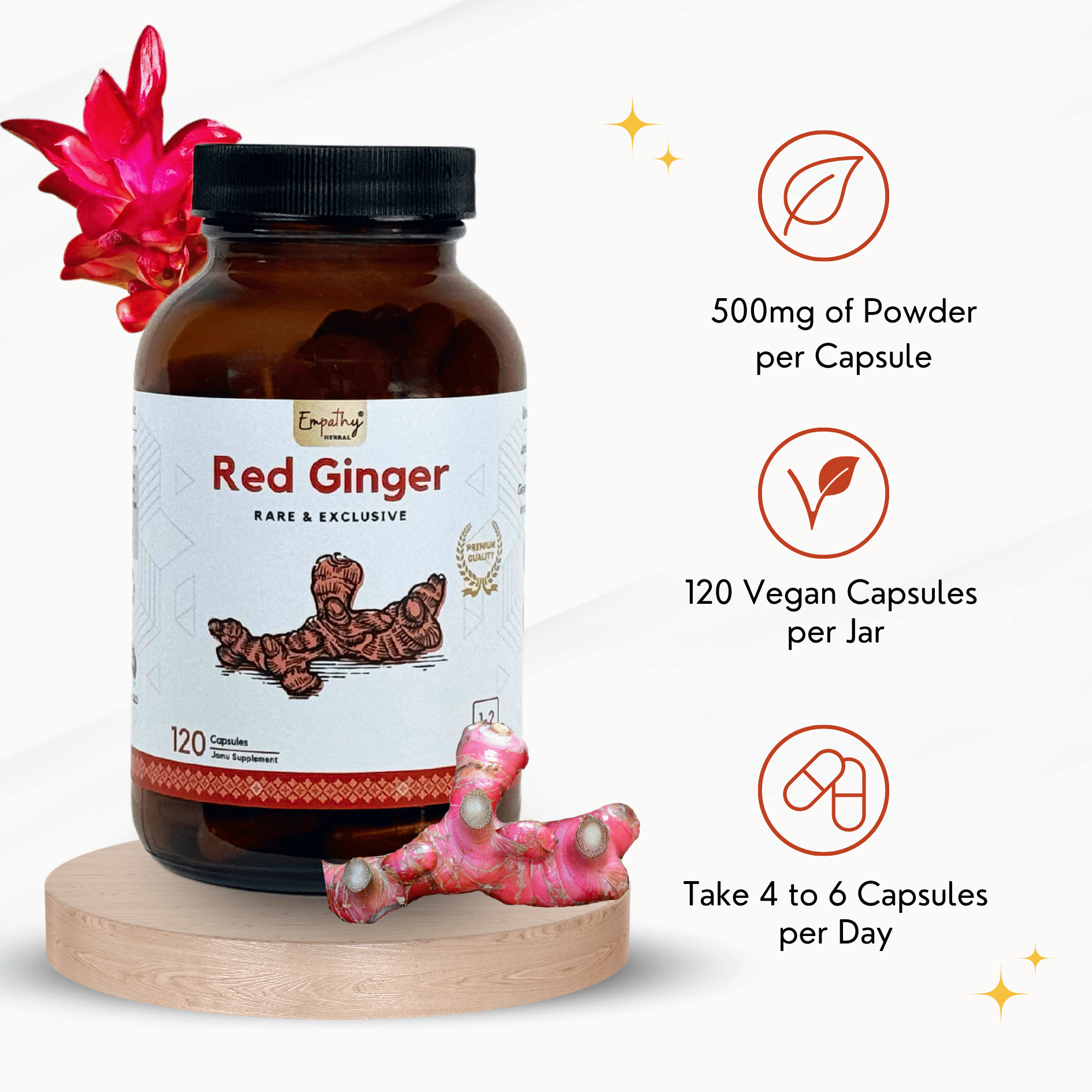 Red Ginger capsules jar with product instructions details on a white background