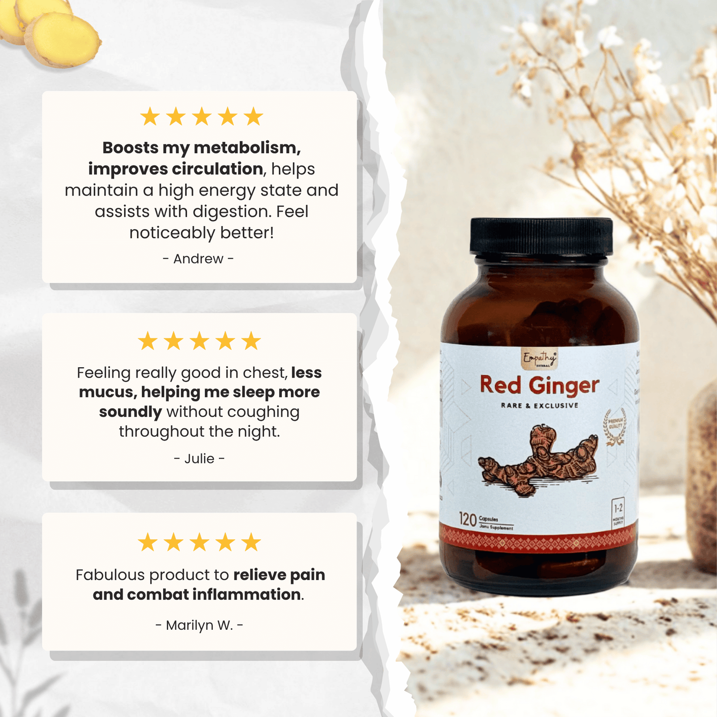 Bottle of Red Ginger supplement with customer testimonials on a light background