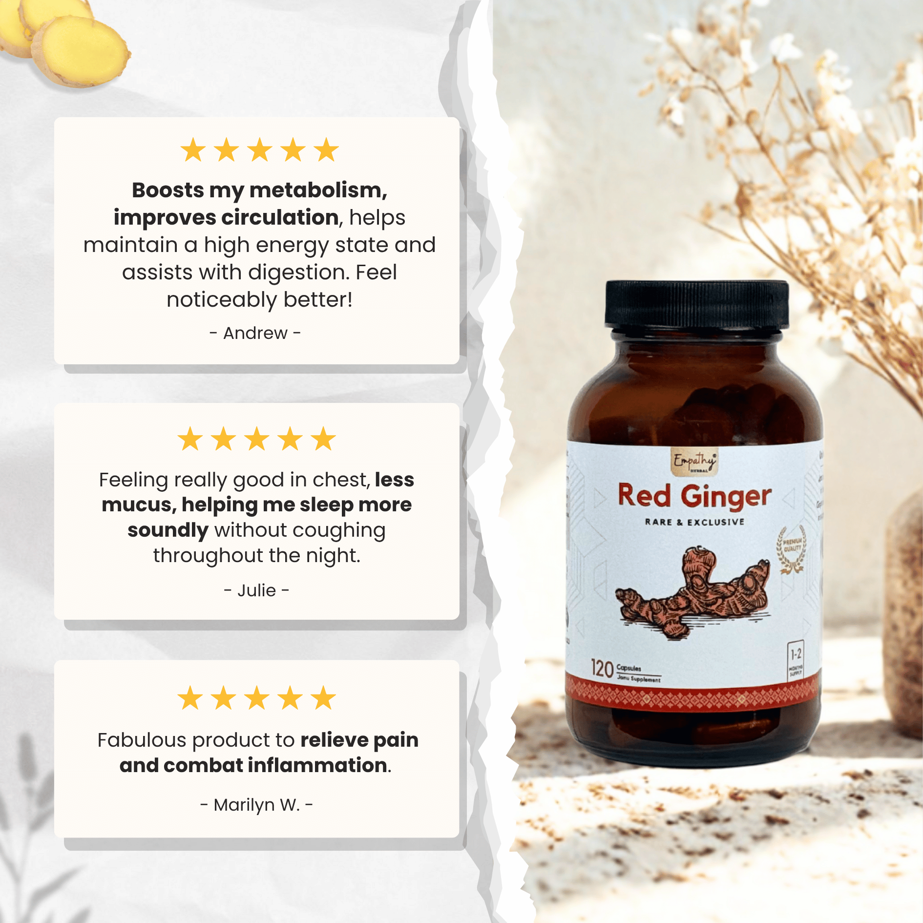 Bottle of Red Ginger supplement with customer testimonials on a light background