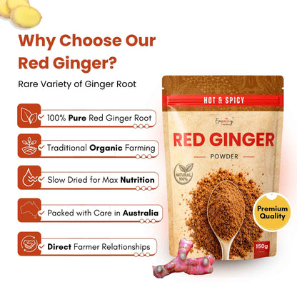 A stand-up pouch of red ginger powder on a white background with marketing text and icons. The package is tan and brown with red accents and shows a spoonful of brown powder.