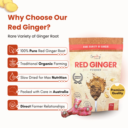 Red ginger powder package with certification badges on a white background