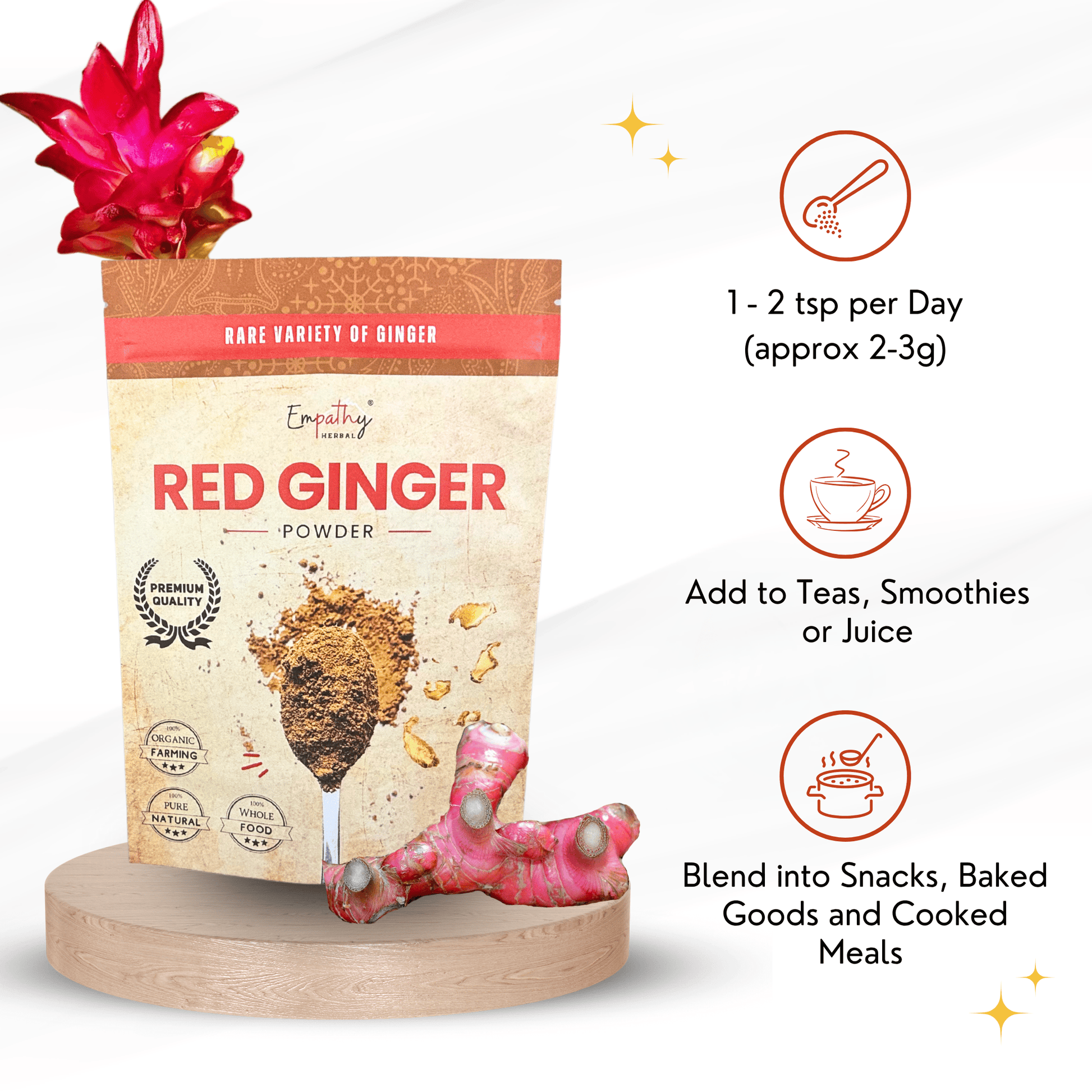 Red ginger powder packaging with usage instructions on a white background