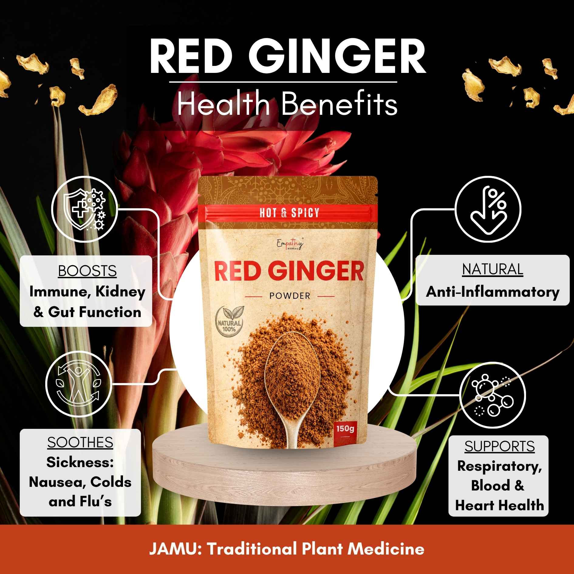 A stand-up pouch of red ginger powder displayed on a wooden pedestal with marketing text and benefit callouts around it. The package is tan with red and black text and shows a spoonful of brown ginger powder.