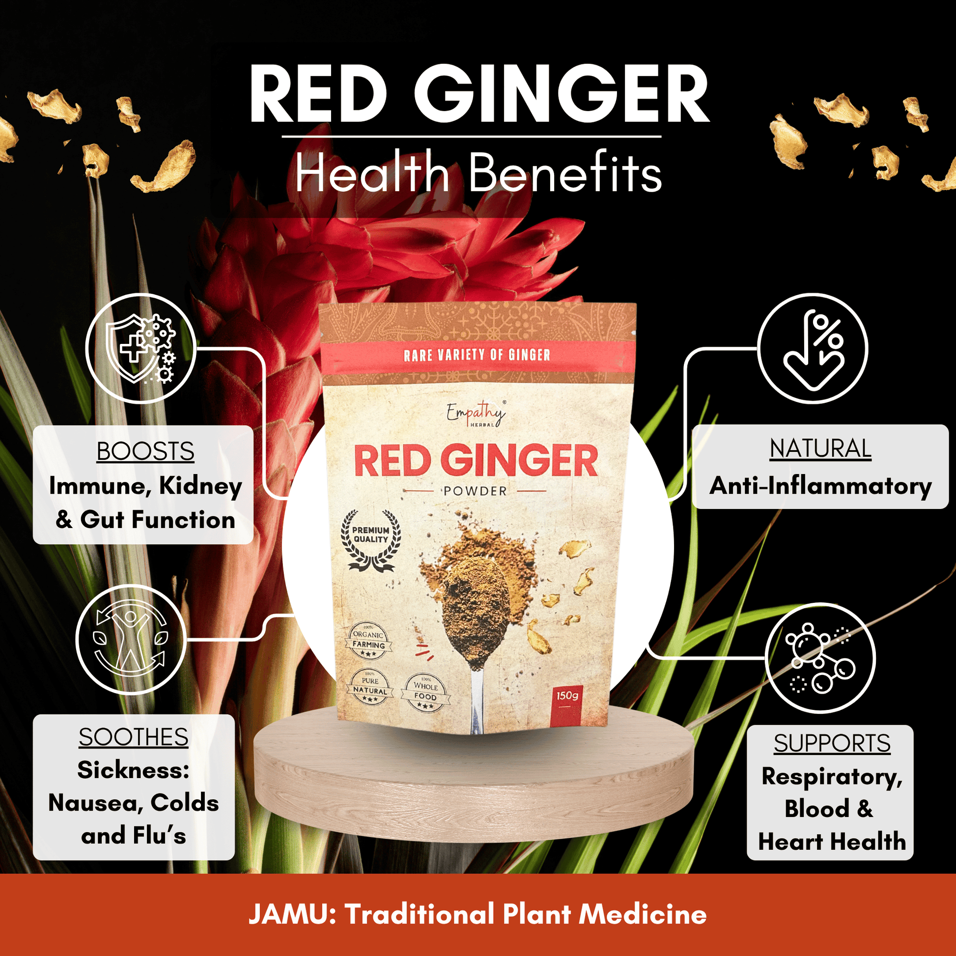 Red ginger health benefits with a package of red ginger powder on a black background