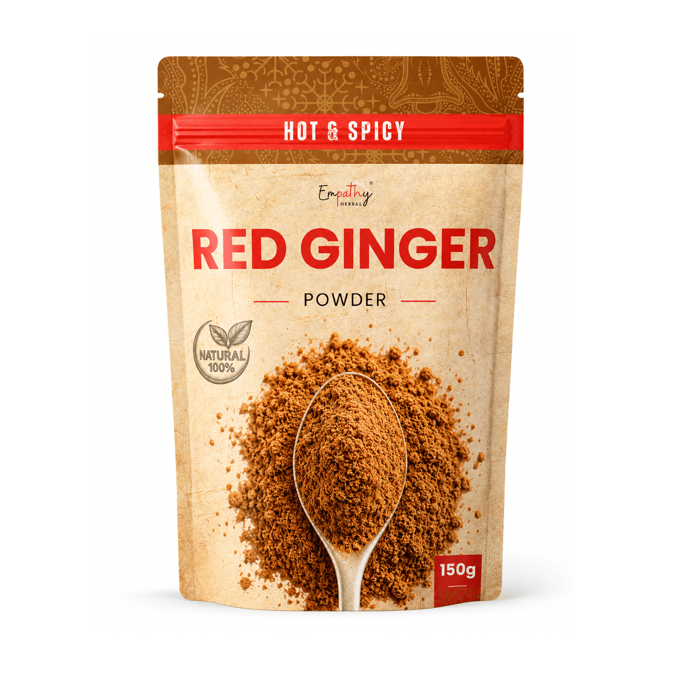 A stand-up pouch of Empaling Spicy Red Ginger Powder on a white background. The packaging features a textured beige background with a brown patterned top band, a red banner reading 'HOT & SPICY', and a large spoon graphic filled with the brown ginger powder.