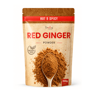 A stand-up pouch of Empaling Spicy Red Ginger Powder on a white background. The packaging features a textured beige background with a brown patterned top band, a red banner reading 'HOT & SPICY', and a large spoon graphic filled with the brown ginger powder.