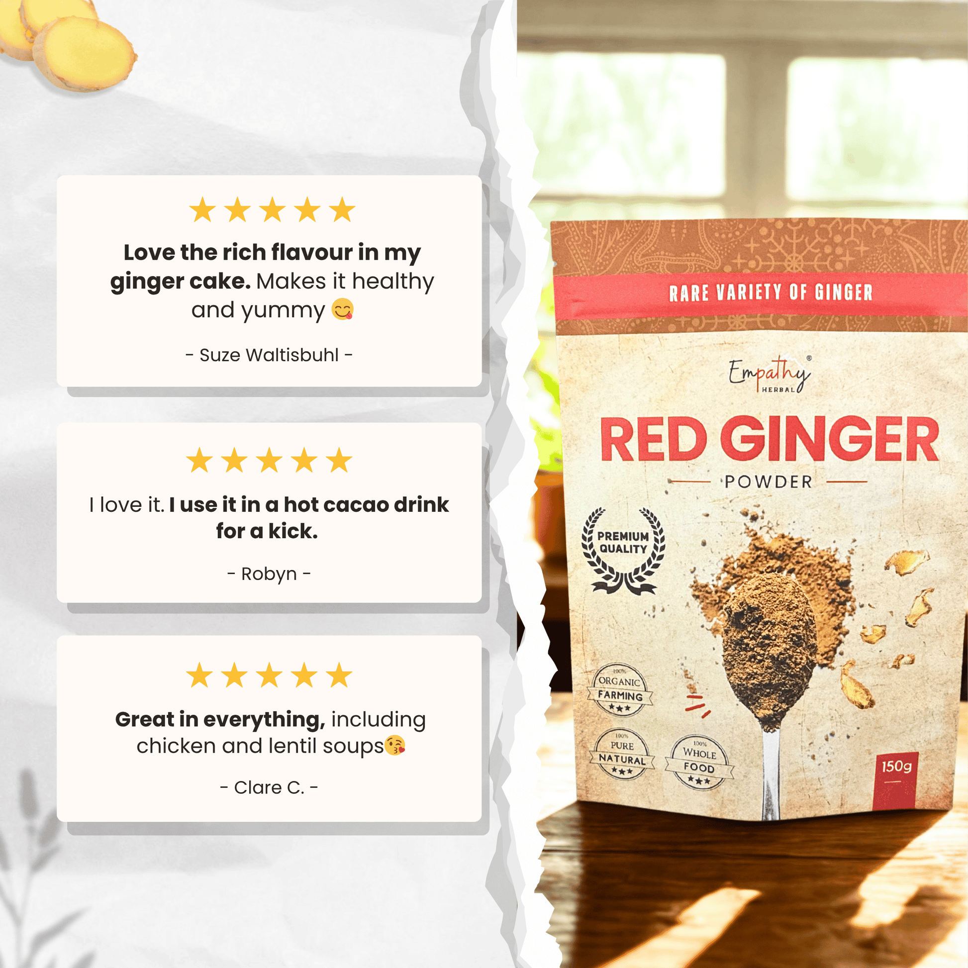 Red ginger powder package with customer reviews on a white background