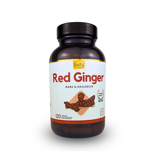 A bottle of Empathy's Choice Red Ginger dietary supplements, featuring a dark amber bottle with a black cap and a white label with red and orange text.