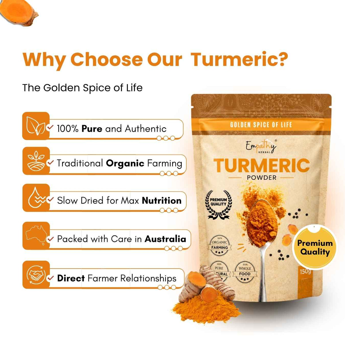 A stand-up pouch of Embody Turmeric Powder on a white background with marketing text and callouts. The package is tan and orange-brown with large 'TURMERIC POWDER' text and a spoonful illustration.