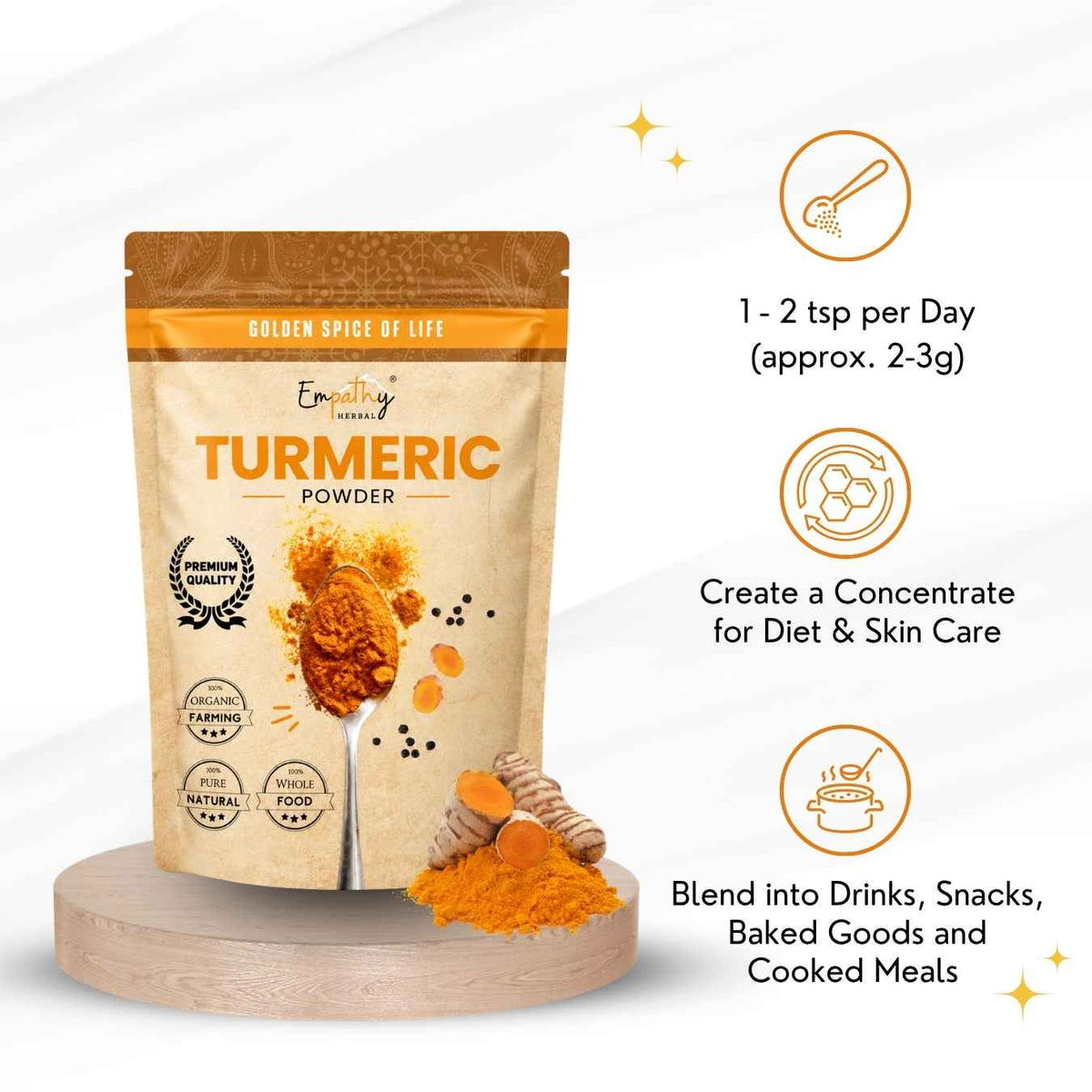 Emhealthy Turmeric Powder in a stand-up pouch, displayed on a wooden pedestal with informational text and icons on a white background.