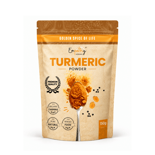 A stand-up pouch of Empathy Herbs Turmeric Powder on a clean white background. The packaging is a textured beige kraft paper style with orange accents, featuring a graphic of a silver spoon filled with vibrant orange turmeric powder and small black pepper specks.