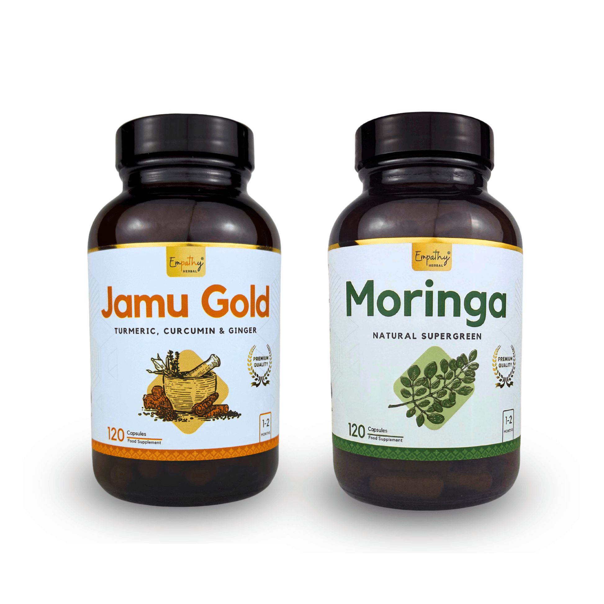 Two bottles of Jamu Gold and Moringa on a white background