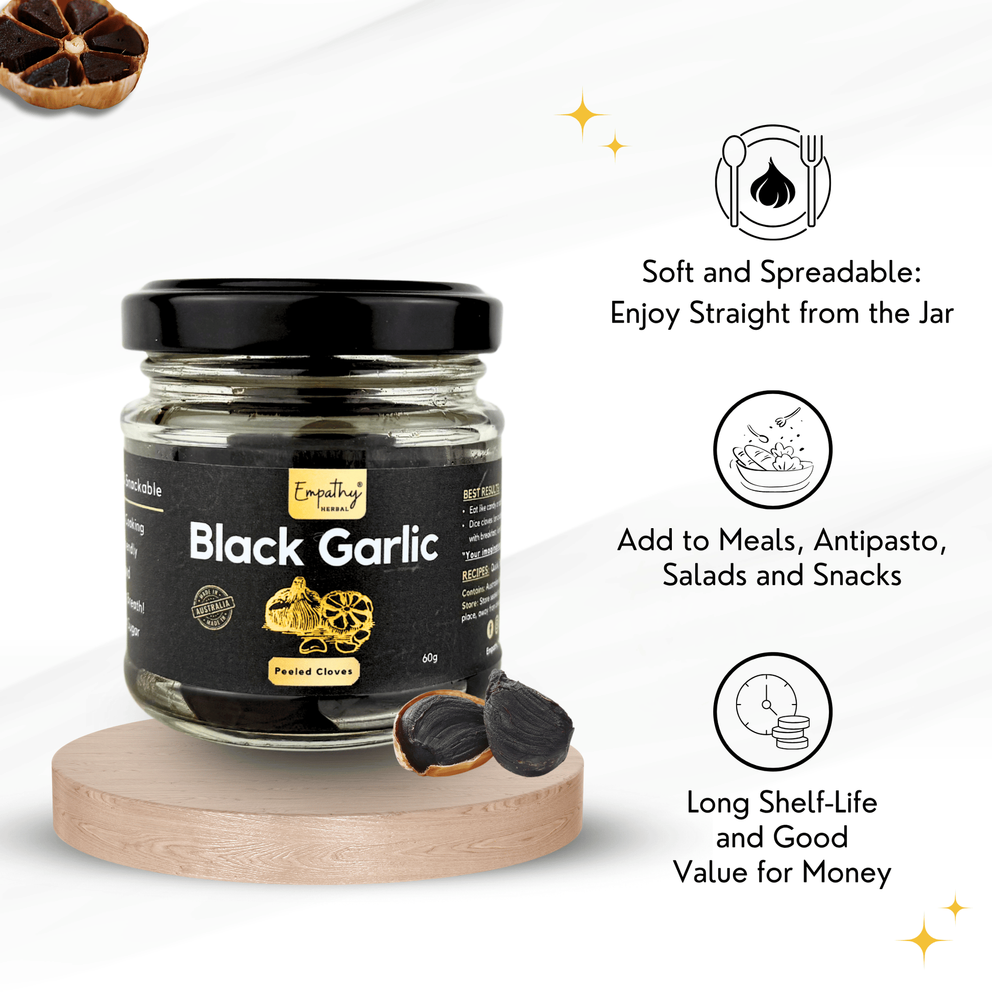 Jar of black garlic with packaging details on a white background