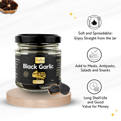 Jar of black garlic with packaging details on a white background