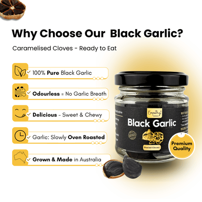 Jar of black garlic with promotional text highlighting its qualities on a white background.